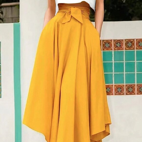 Yellow Casual Women's A-Line High Waist Tie Belt Long Skirt - Picture 4 of 4